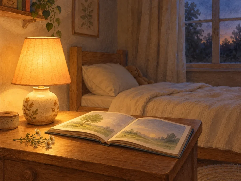 Ciepła lampka oświetla otwartą książkę przy pustym łóżku w wieczornym pokoju.
